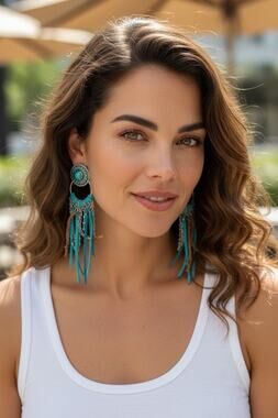 Justin Boots Turquoise Concho Fringe Earrings Western Cowgirl Boho Statement NWT